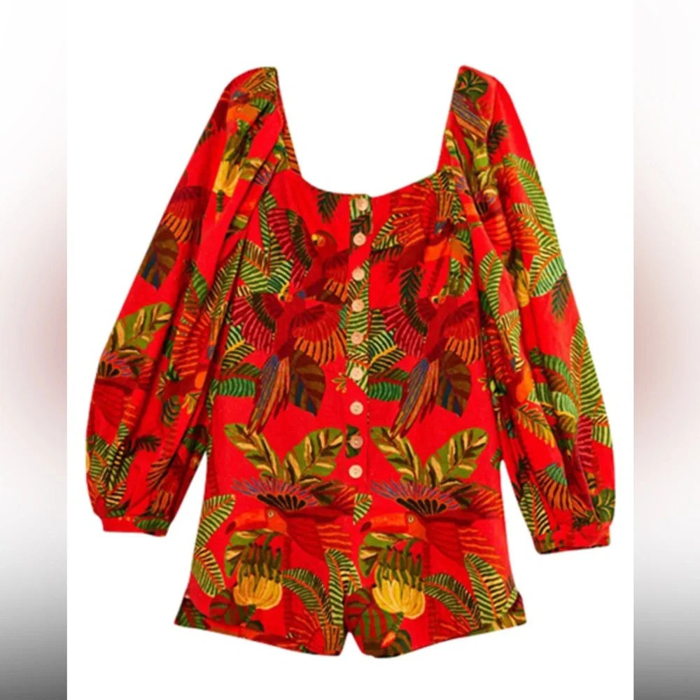 FARM Rio NWT Red Forest Birds Romper with Balloon Sleeves and front Buttons. - Picture 5 of 16